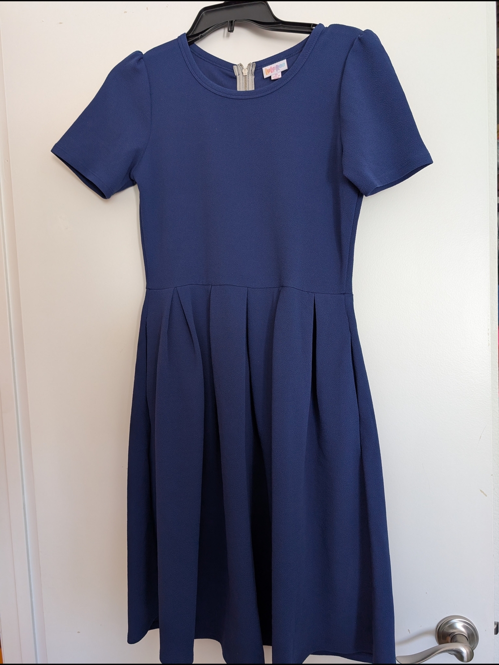 Navy Pleated Short-Sleeve Dress